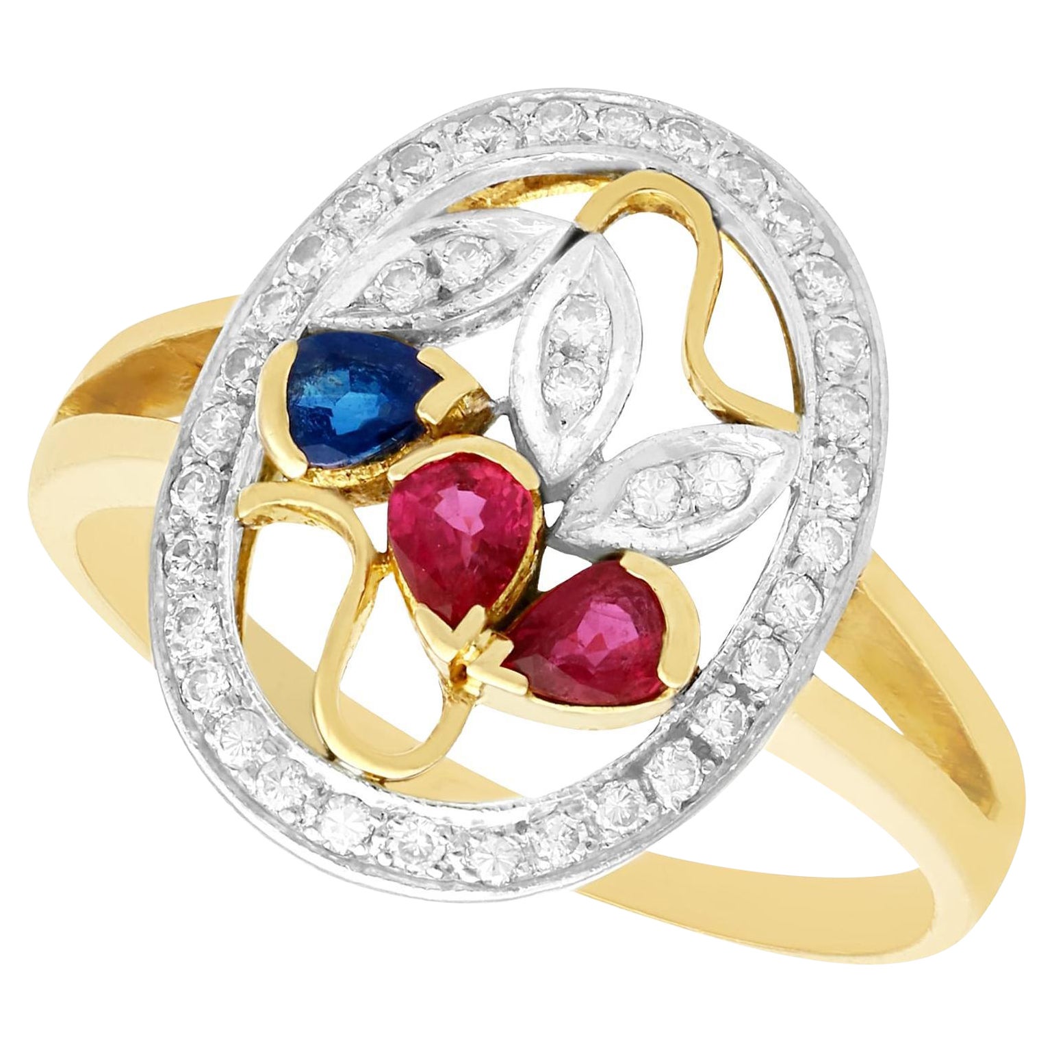 Gelbgold-Cocktailring mit Rubin, Saphir und Diamant, Vintage, 1940er Jahre