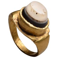 Ancient Roman Gold Banded Agate Finger Ring - 200 AD