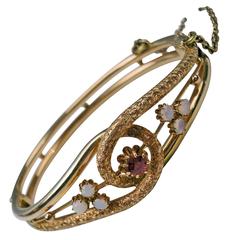 Antique Art Nouveau Opal Almandine Gold Bangle Bracelet 