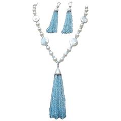 Aquamarine Pearl Gold Necklace and Earrings Set