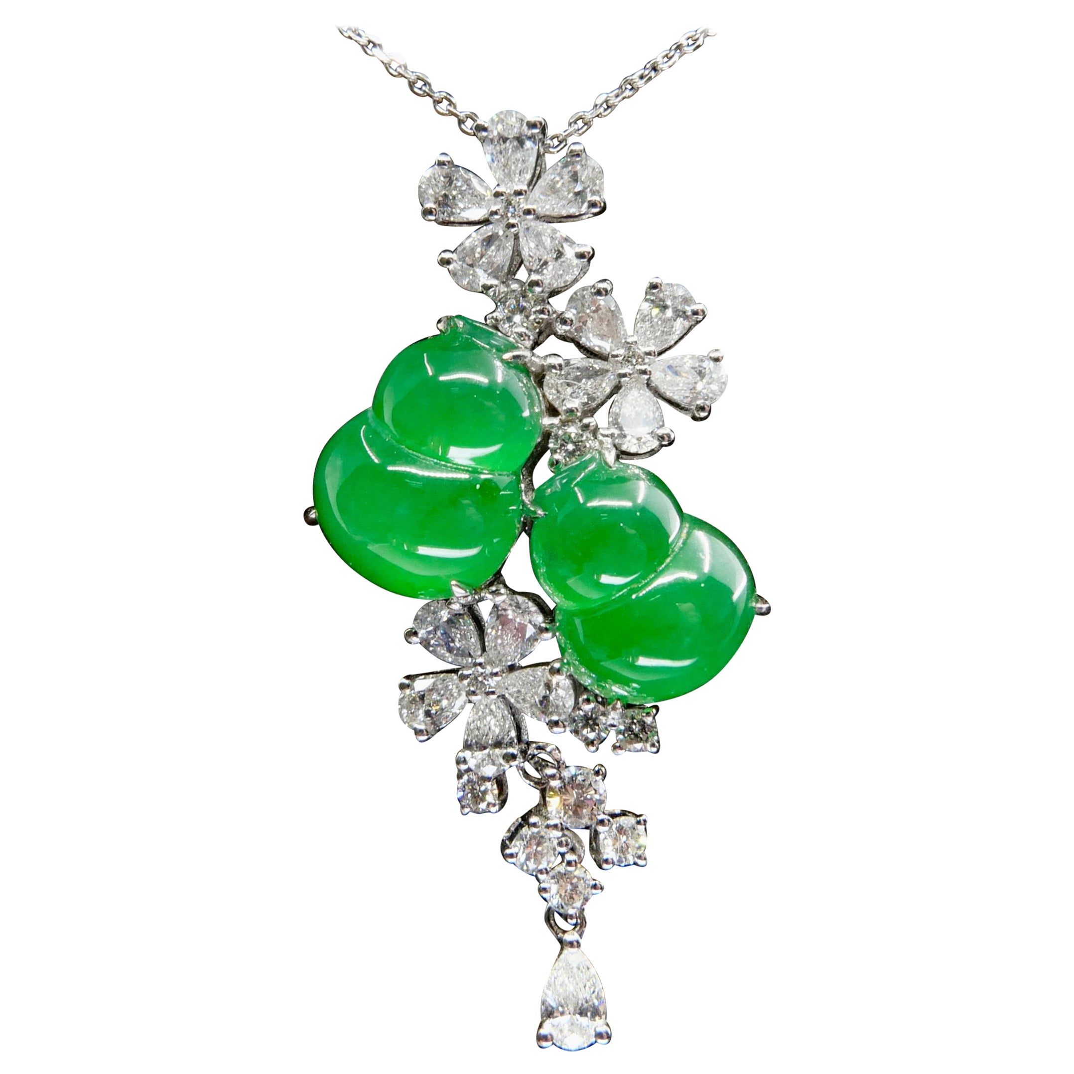 Certified Type A Icy Jade Gourd Diamond Pendant Necklace, Intense Apple Green For Sale