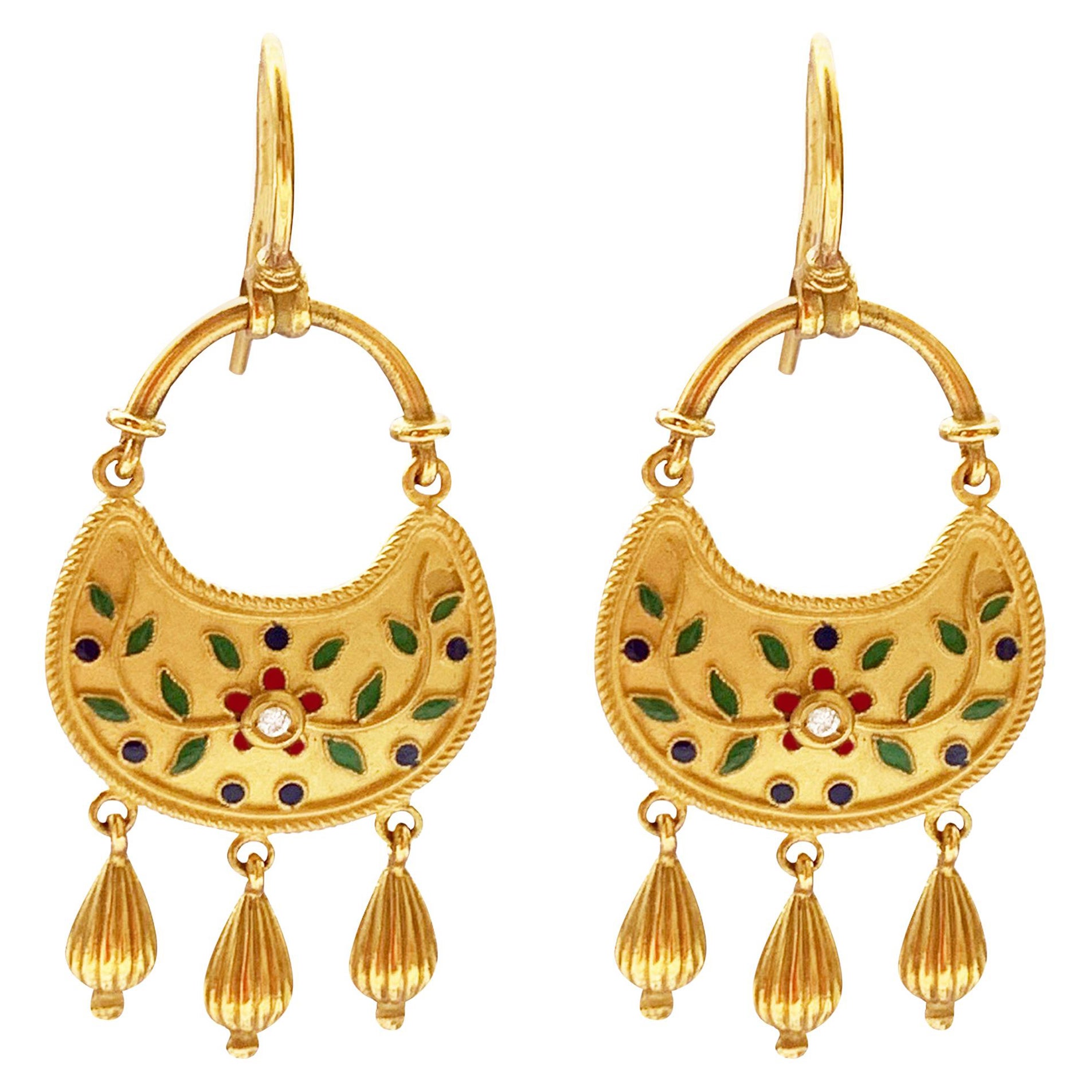 18 Karat Gold and Vegetal Enamel Decoration Earrings
