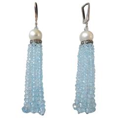 Aquamarine Pearl Diamond Silver Gold Tassel Earrings