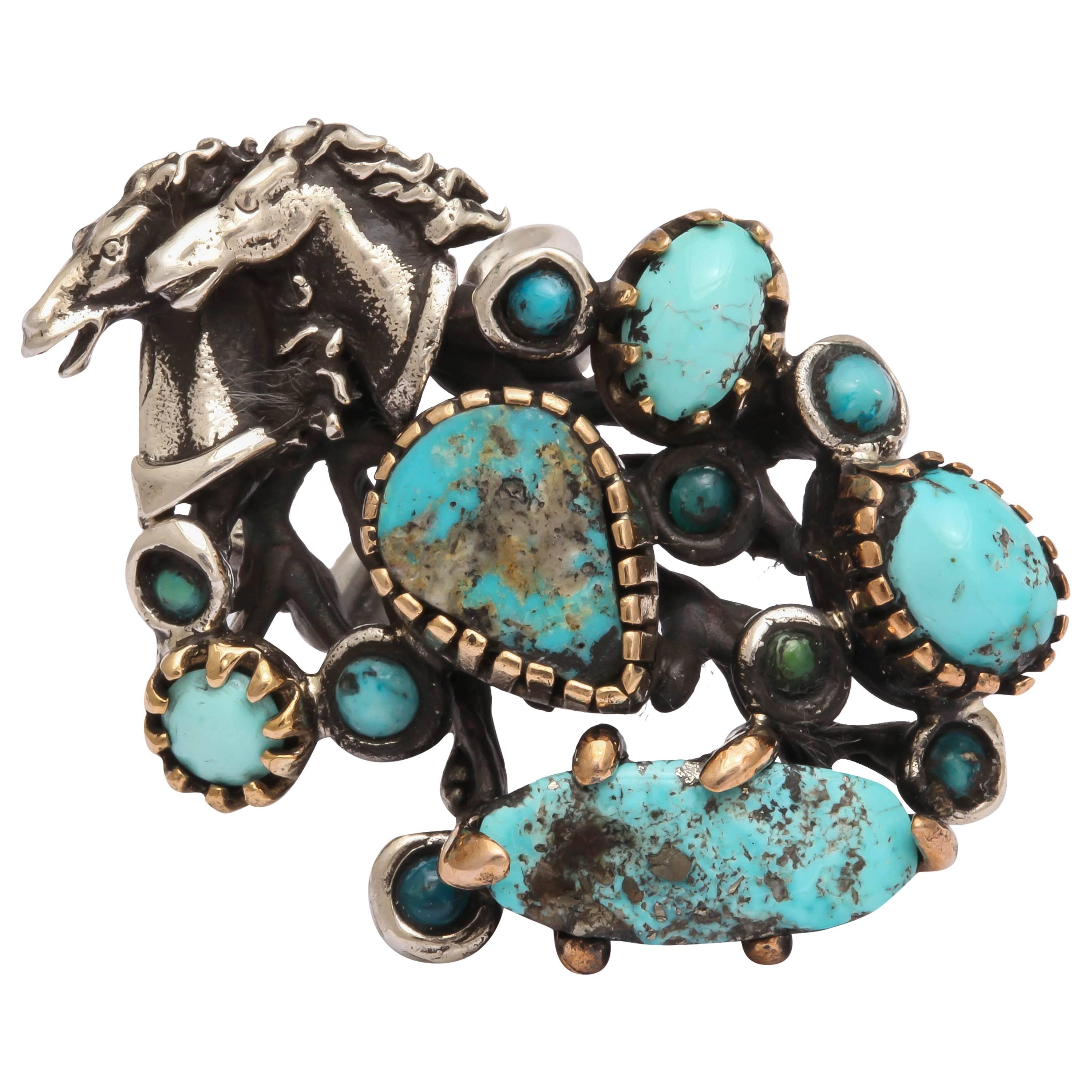 Very Large Silver, Turquoise and Horse Head Ring