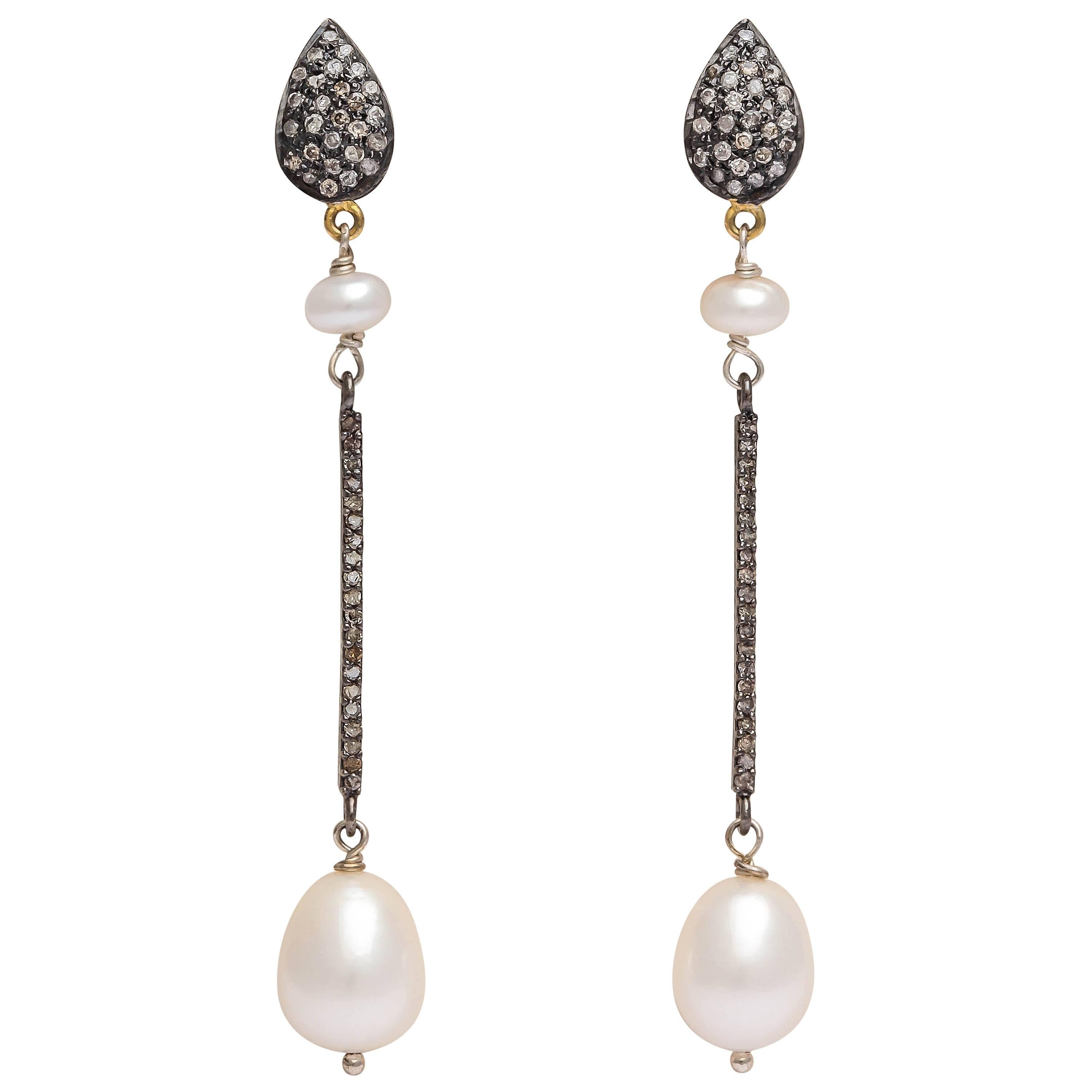 Long Elegant Pearl and Diamond Earrings For Sale