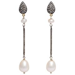 Long Elegant Pearl and Diamond Earrings