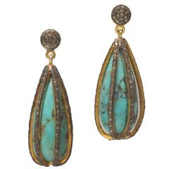 Turquoise Drop Pave Diamond Sterling Silver Vermeil Drop Earrings