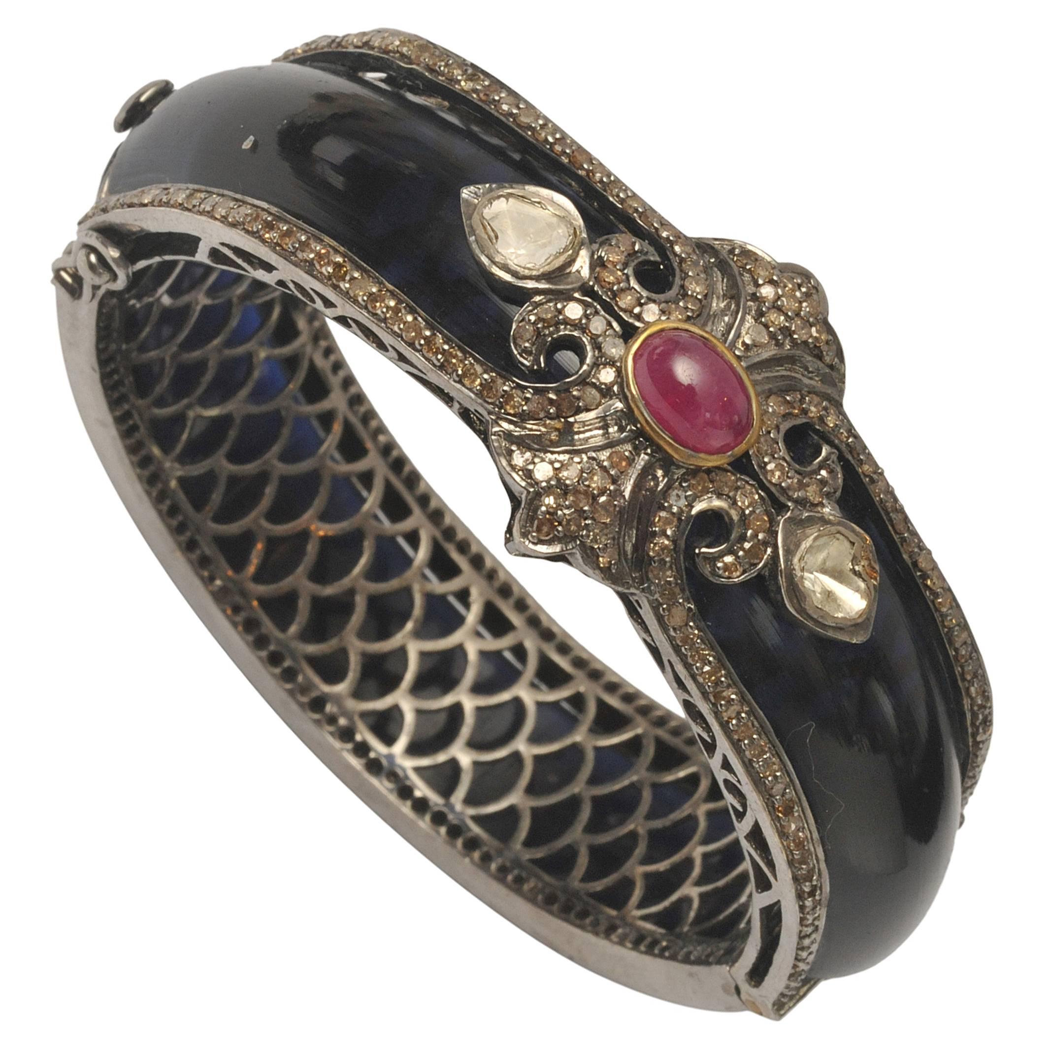 Black Bakelite ruby diamond silver Bracelet