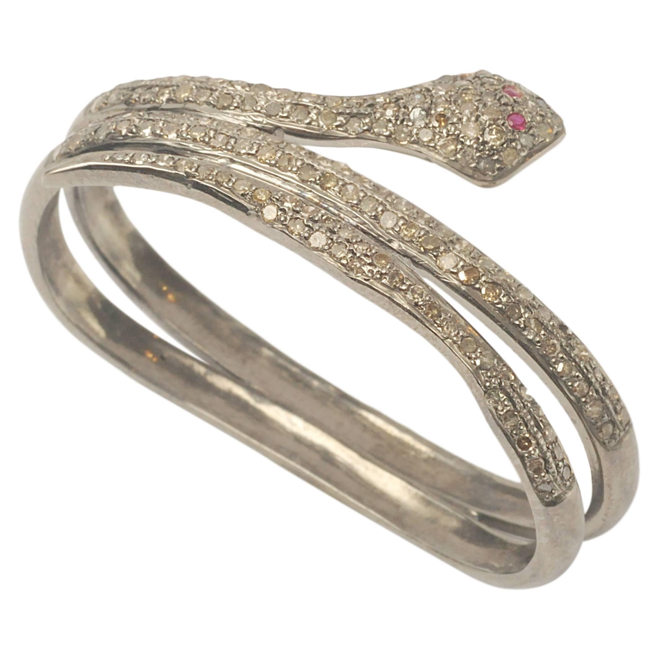 Two Finger Pave`-Set Diamond Sterling Silver Snake Ring with Ruby Eyes