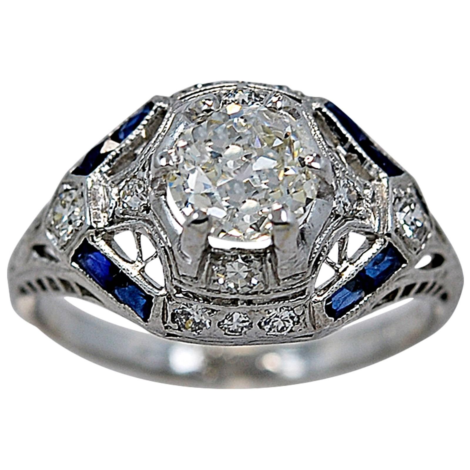 1.00 Carat Art Deco Sapphire Diamond Platinum Antique Engagement Ring For Sale