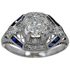 1.00 Carat Art Deco Sapphire Diamond Platinum Antique Engagement Ring