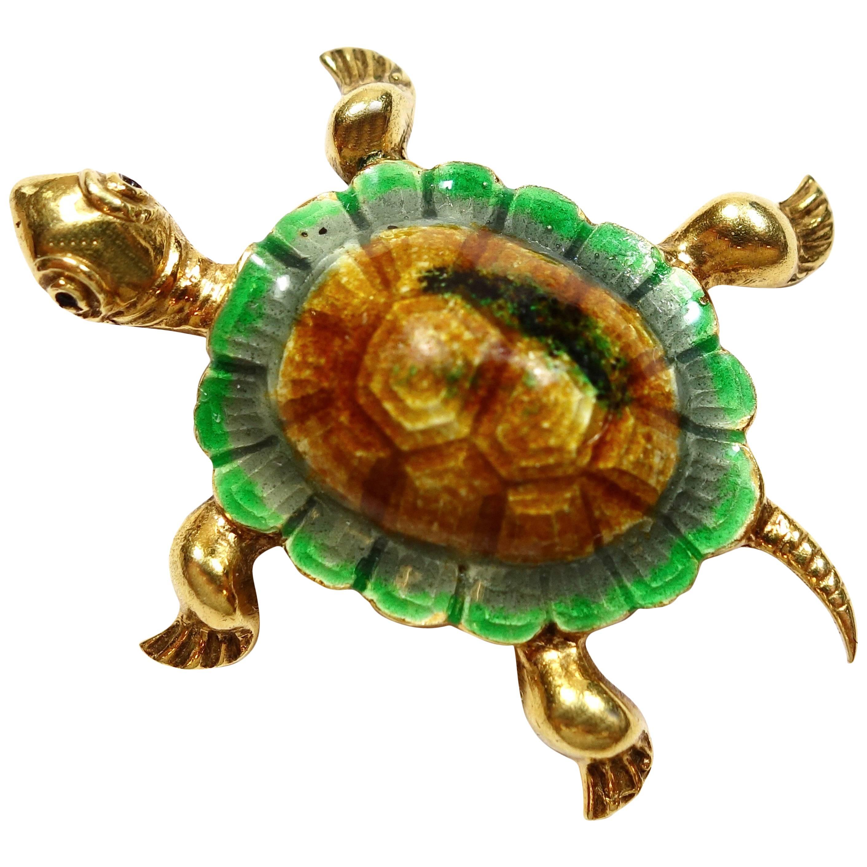 Enamel Gold Turtle Brooch For Sale