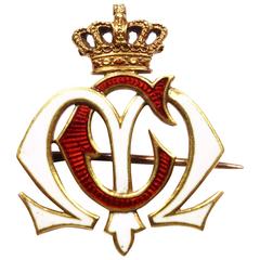 Antique Red and White Enamel Gold Crown MC Initials Pin