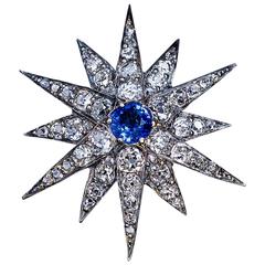 Antique Sapphire Diamond Silver Gold Star Shaped Brooch Pendant
