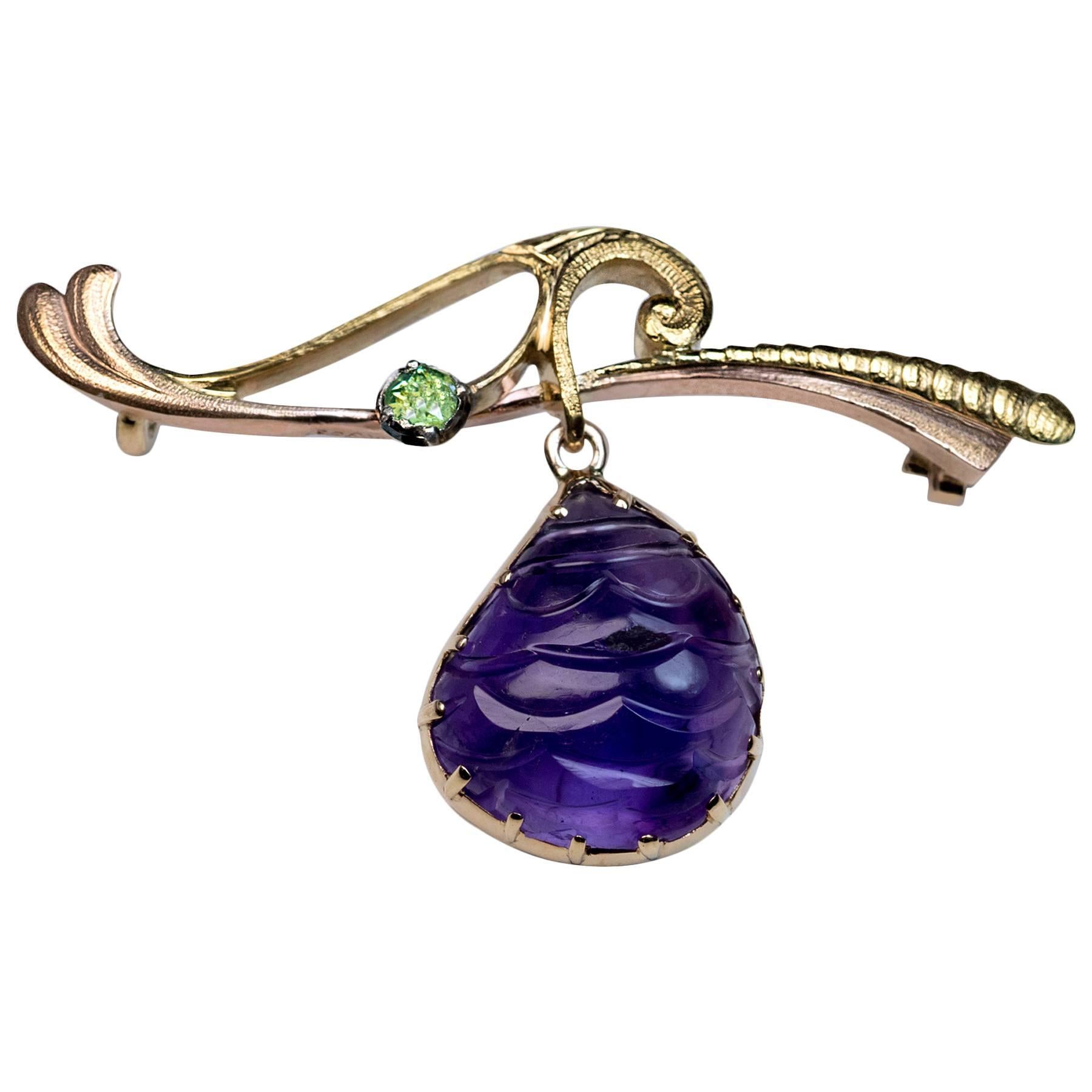 Antique Art Nouveau Carved Amethyst Brooch Pin For Sale