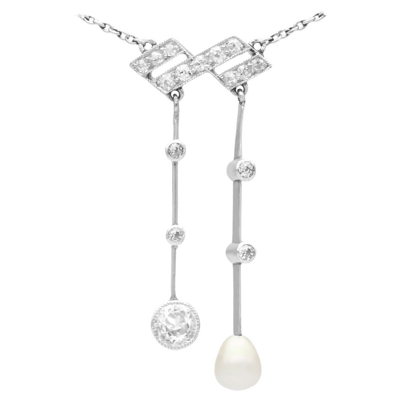 Antique 1900s Pearl and 1.12 Carat Diamond Platinum Necklace For Sale
