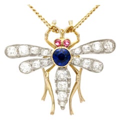 1890s Antique Sapphire Diamond and Ruby Yellow Gold Dragonfly Pendant / Brooch