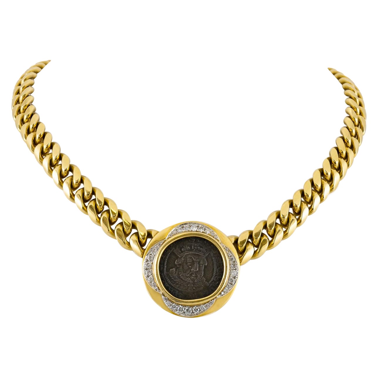Bvlgari Monete Henry viii Coin Gold Link Necklace with Diamonds For Sale