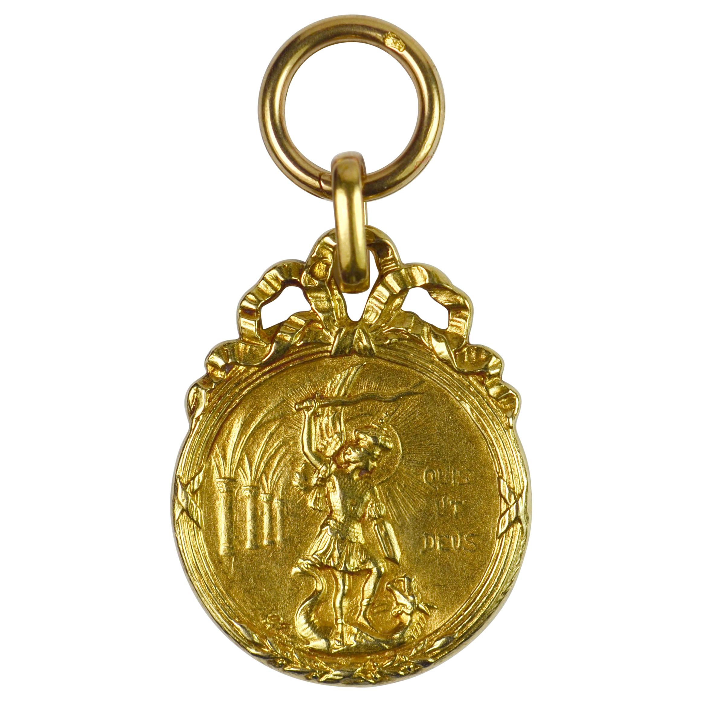 French 18 Karat Gold Saint Michael Slaying the Dragon Religious Charm Pendant