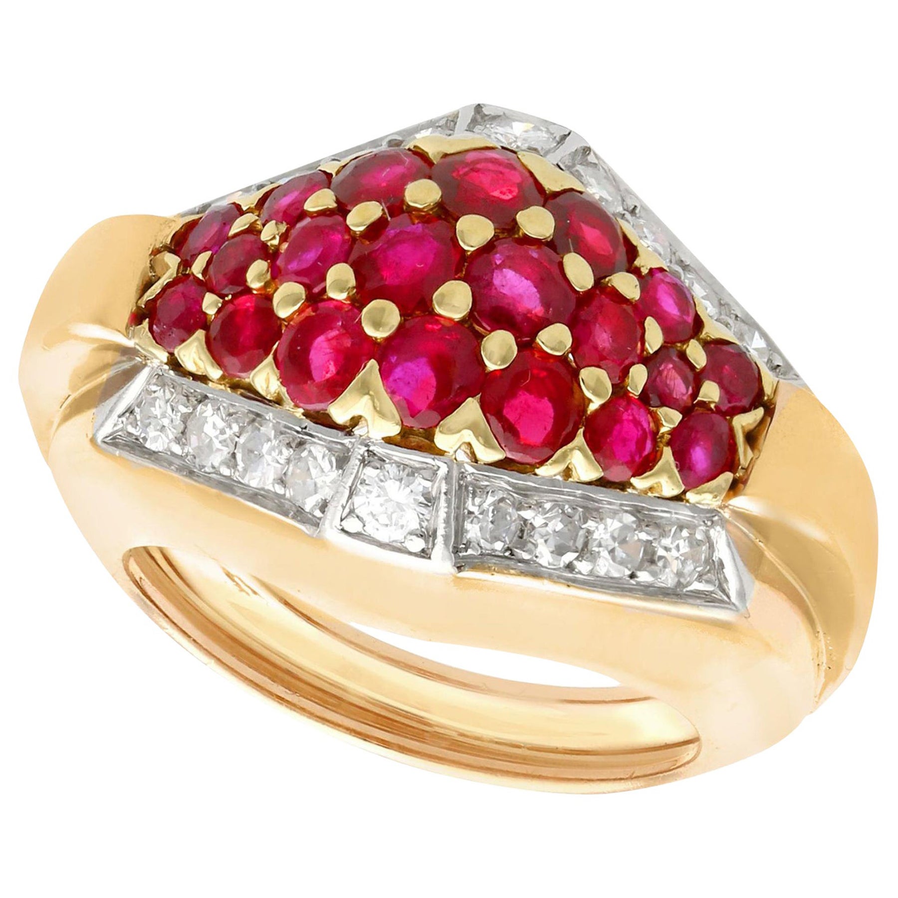 Vintage Art Deco Style 1950s Ruby Diamond Yellow Gold Cocktail Ring