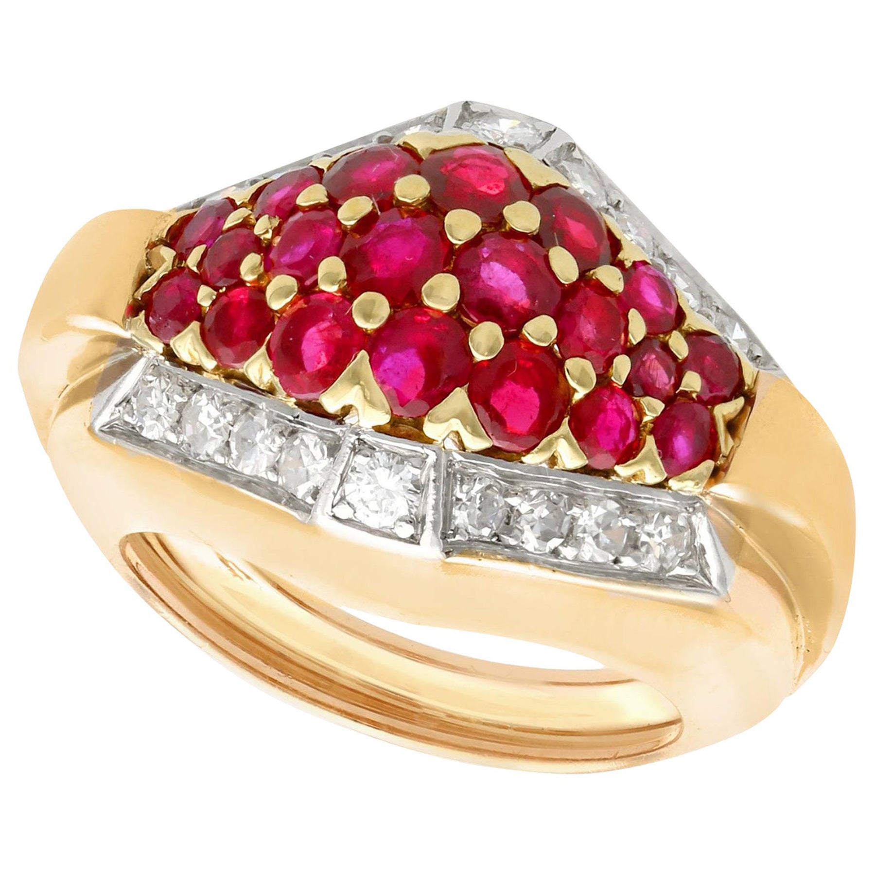 Vintage Art Deco Style 1950s Ruby Diamond Yellow Gold Cocktail Ring