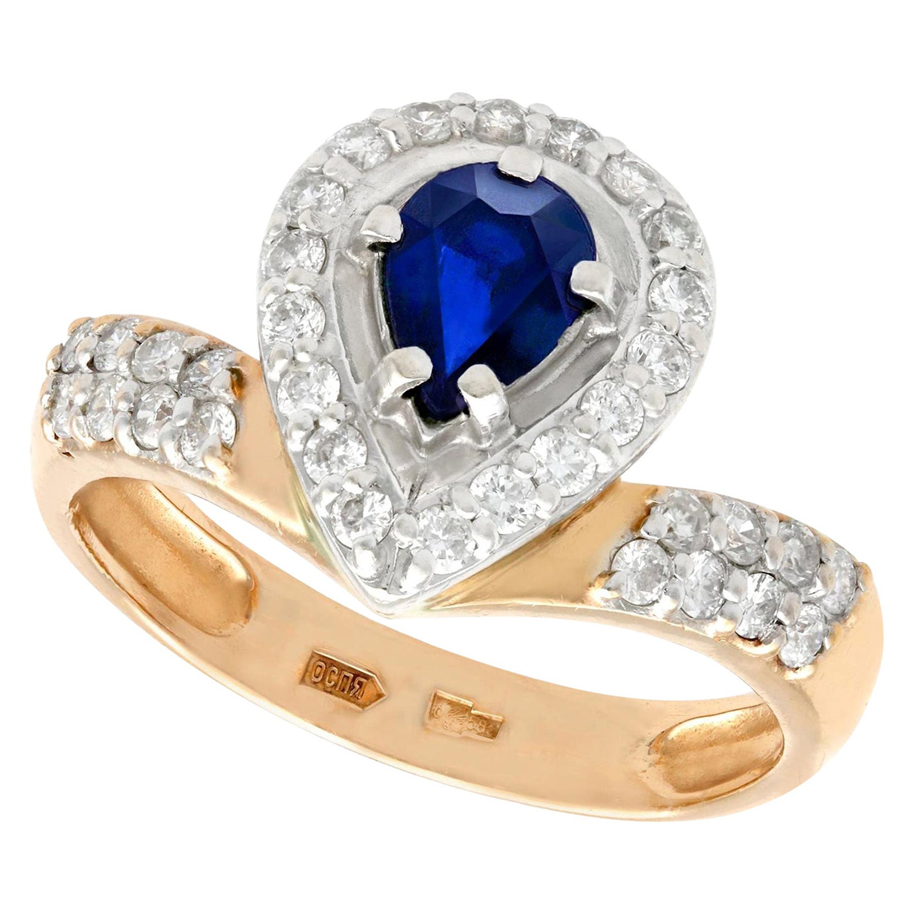 Russian Pear Cut Sapphire and Diamond Yellow Gold Cocktail Ring For Sale