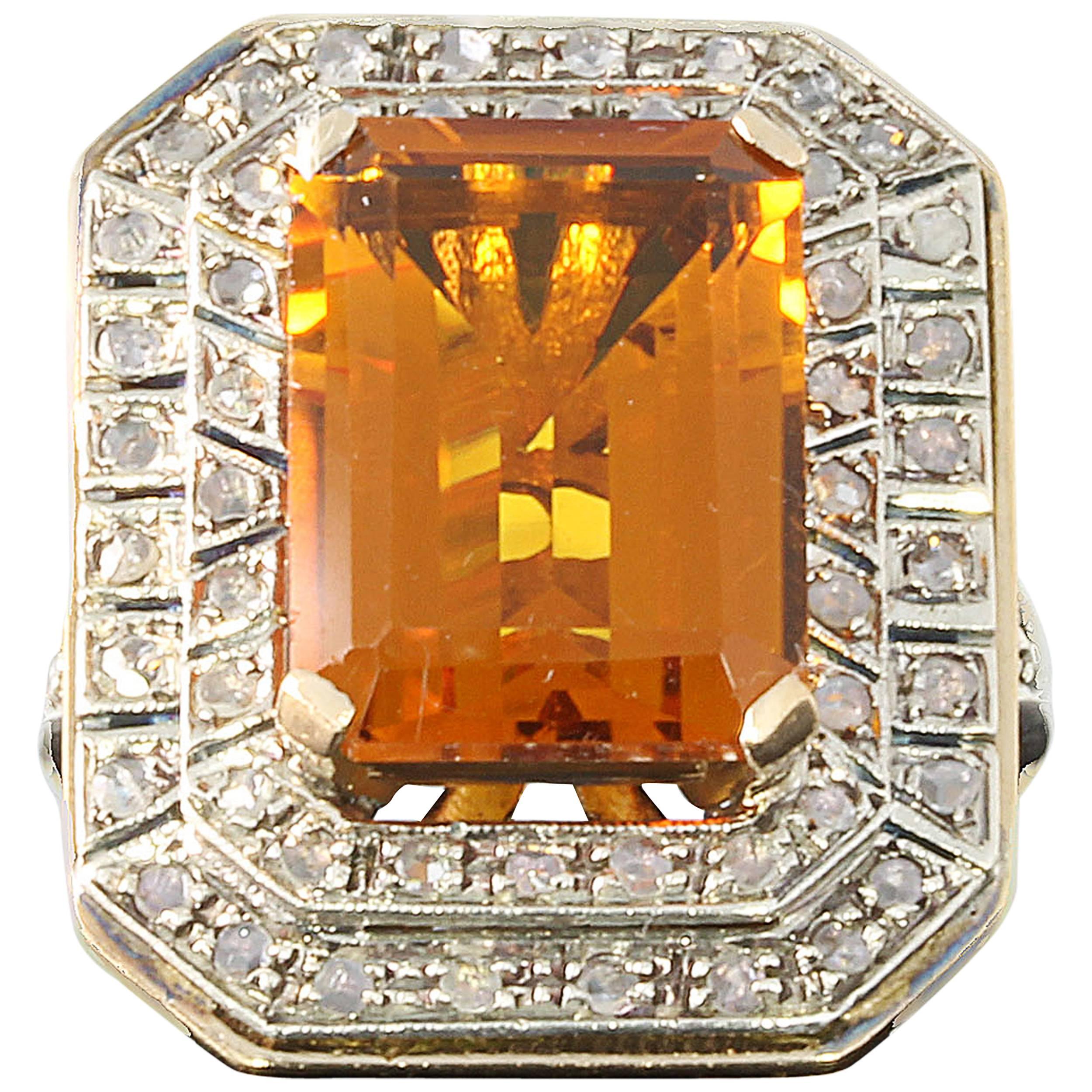 Art Deco Large Citrine Diamond Silver Gold Ring For Sale