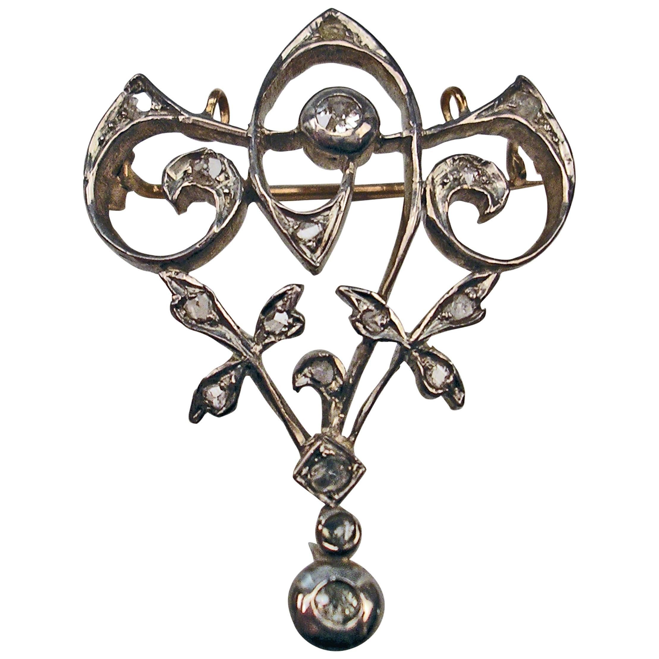 Art Nouveau Diamond Gold Flower Brooch and Pendant  For Sale