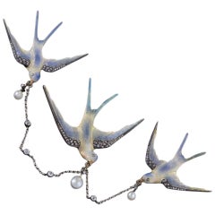 French Antique Diamond, Pearl, Platinum, Gold and Silver Set of Swallow Brooches