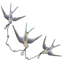 French Antique Diamond, Pearl, Platinum, Gold & Silver Set of Swallow Brooches 4