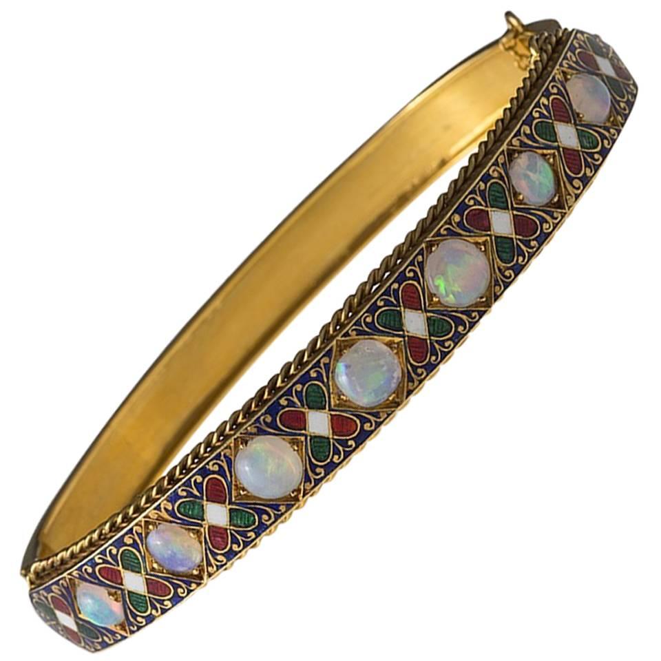 English Victorian Opal, Enamel and Gold Holbeinesque Bangle Bracelet