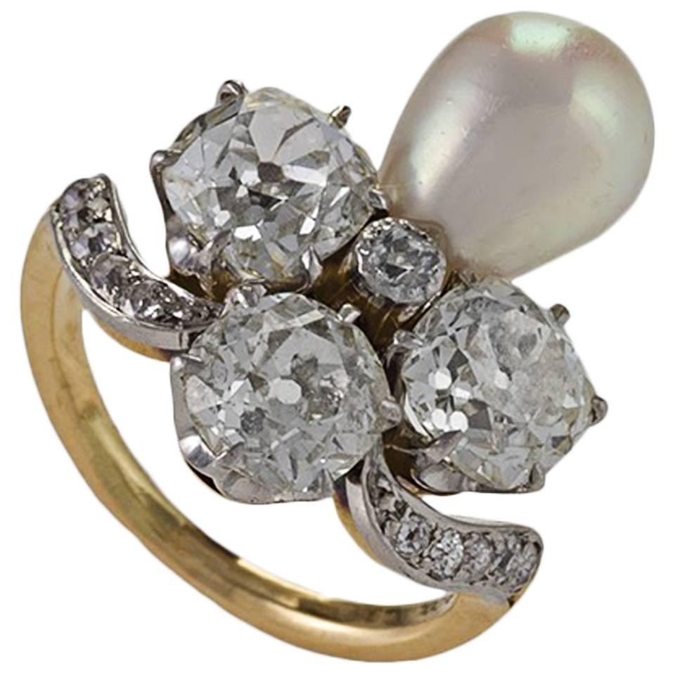 Marcus & Co. Early 20th Century Natural Pearl Diamond Platinum and Gold Ring