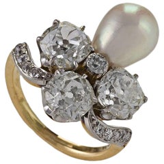 Marcus & Co. Early 20th Century Natural Pearl Diamond Platinum and Gold Ring