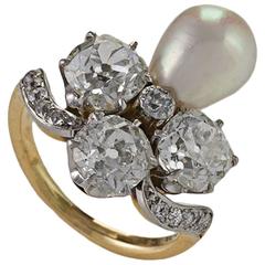 Marcus & Co. Early 20th Century Natural Pearl Diamond Platinum and Gold Ring 12