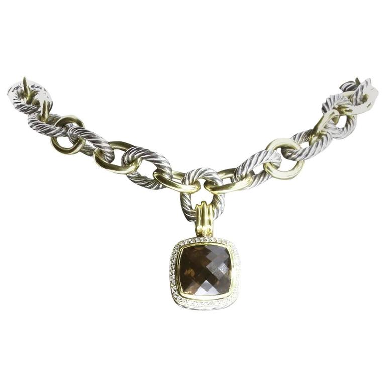 David Yurman Smoky Quartz Enhancer And Gold Oval Chain Necklace at