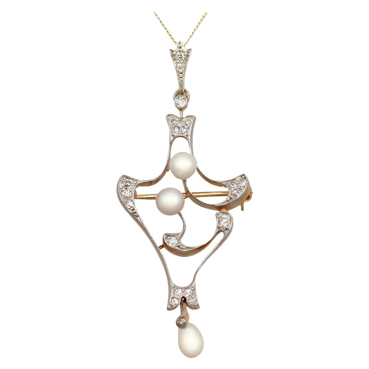 Antique Natural Pearl and Diamond Yellow Gold Pendant Brooch For Sale