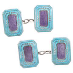 Antique Guilloche Enamel Sterling Silver Cufflinks