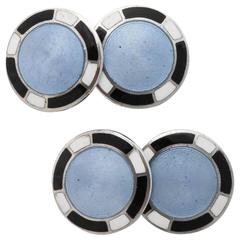 1920s-1930s Art Deco Guilloche Enamel Sterling Silver Cufflinks