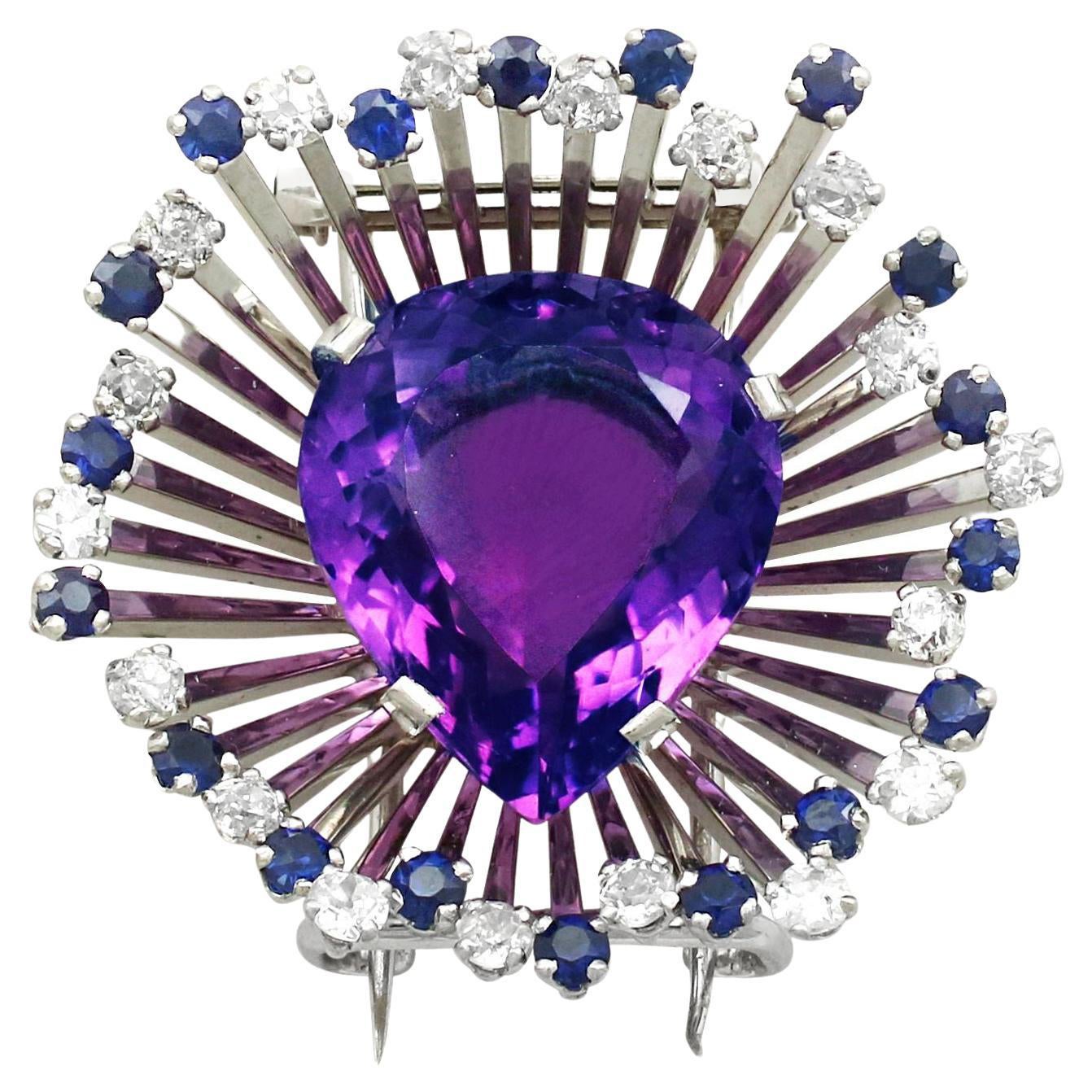 21.88ct Amethyst 1.80 Carat Diamond 1.44 Carat Sapphire and White Gold Brooch For Sale