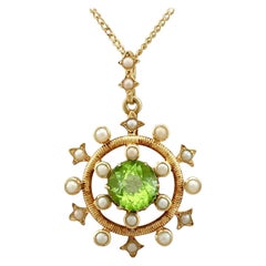 1900s Antique 1.92 Carat Peridot and Seed Pearl Yellow Gold Pendant