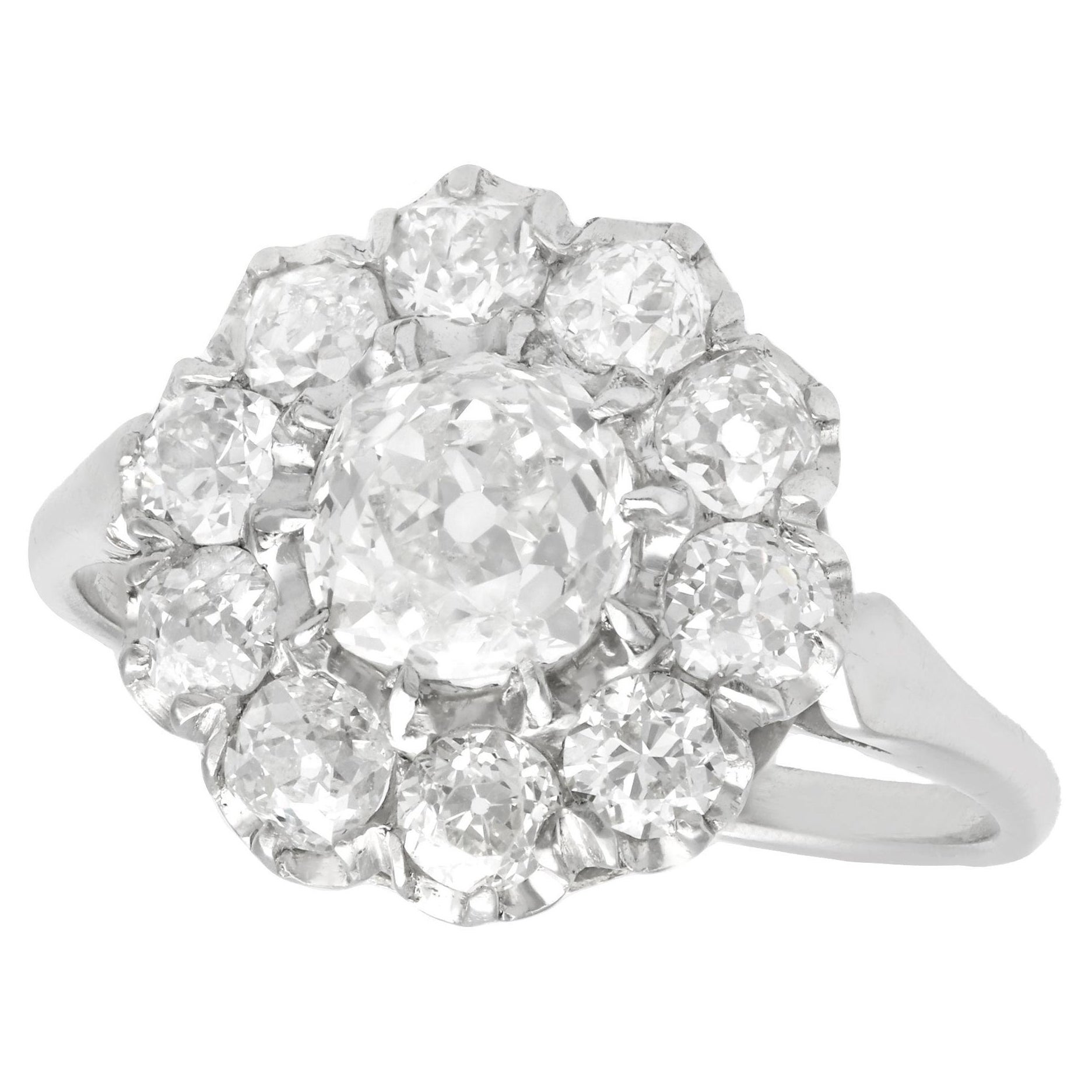 1.43 Carat Diamond and Platinum Cluster Ring For Sale