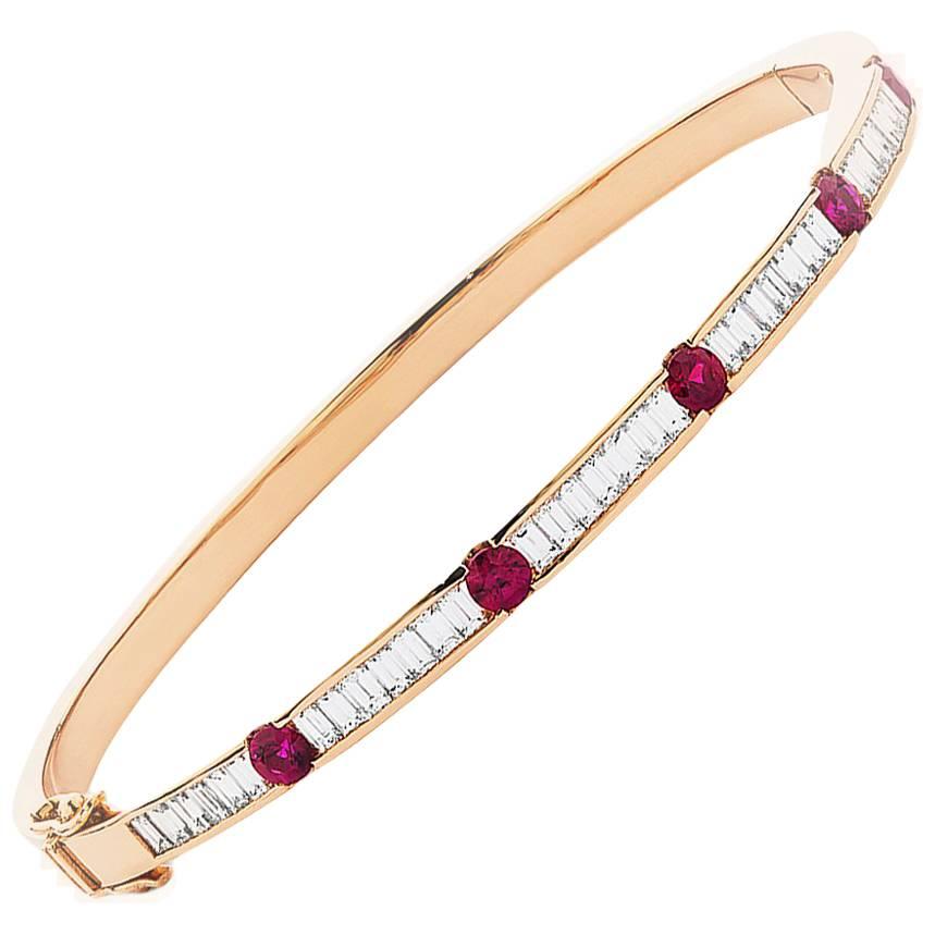 Ruby Gold Diamond Birthstone Bangle Bracelet For Sale