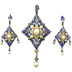 C. Giuliano Enamel Pearl Diamond Gold Demi-Parure