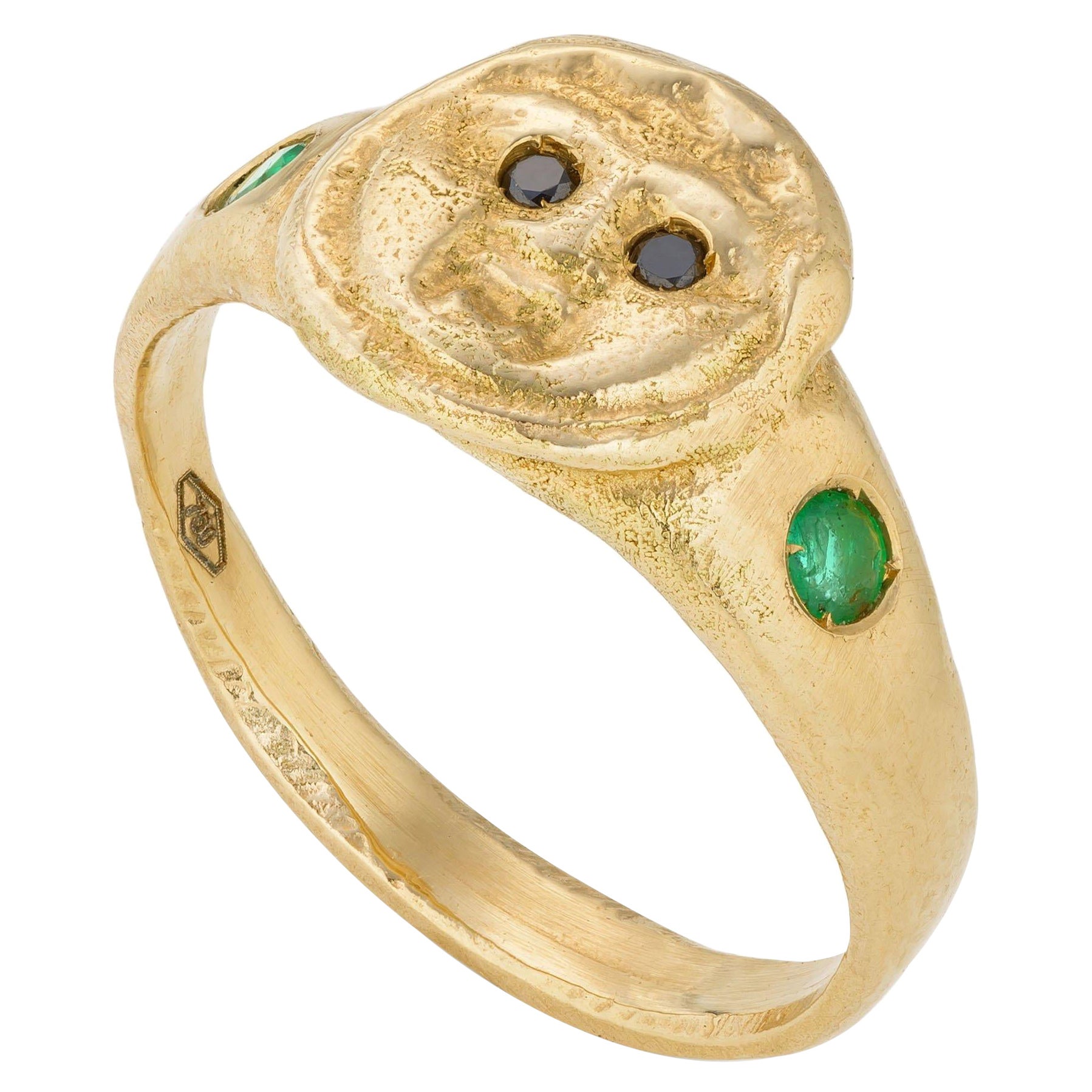 Gorgoneion Pinky Ring, 18 Karat Yellow Gold with Black Diamond and Emerald For Sale