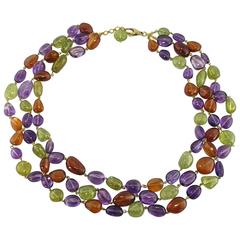 Jona Peridot Amethyst Carnelian 18 karat Yellow Gold Three Strand Necklace