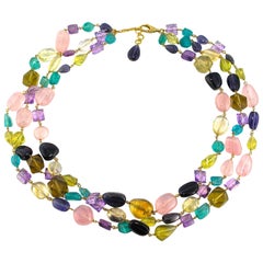 Jona Amethyst Apatite Citrine Iolite Rose Quartz Pebble 18k Yellow Gold Necklace