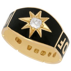 Antique Victorian Diamond Black Enamel Yellow Gold Mourning Ring