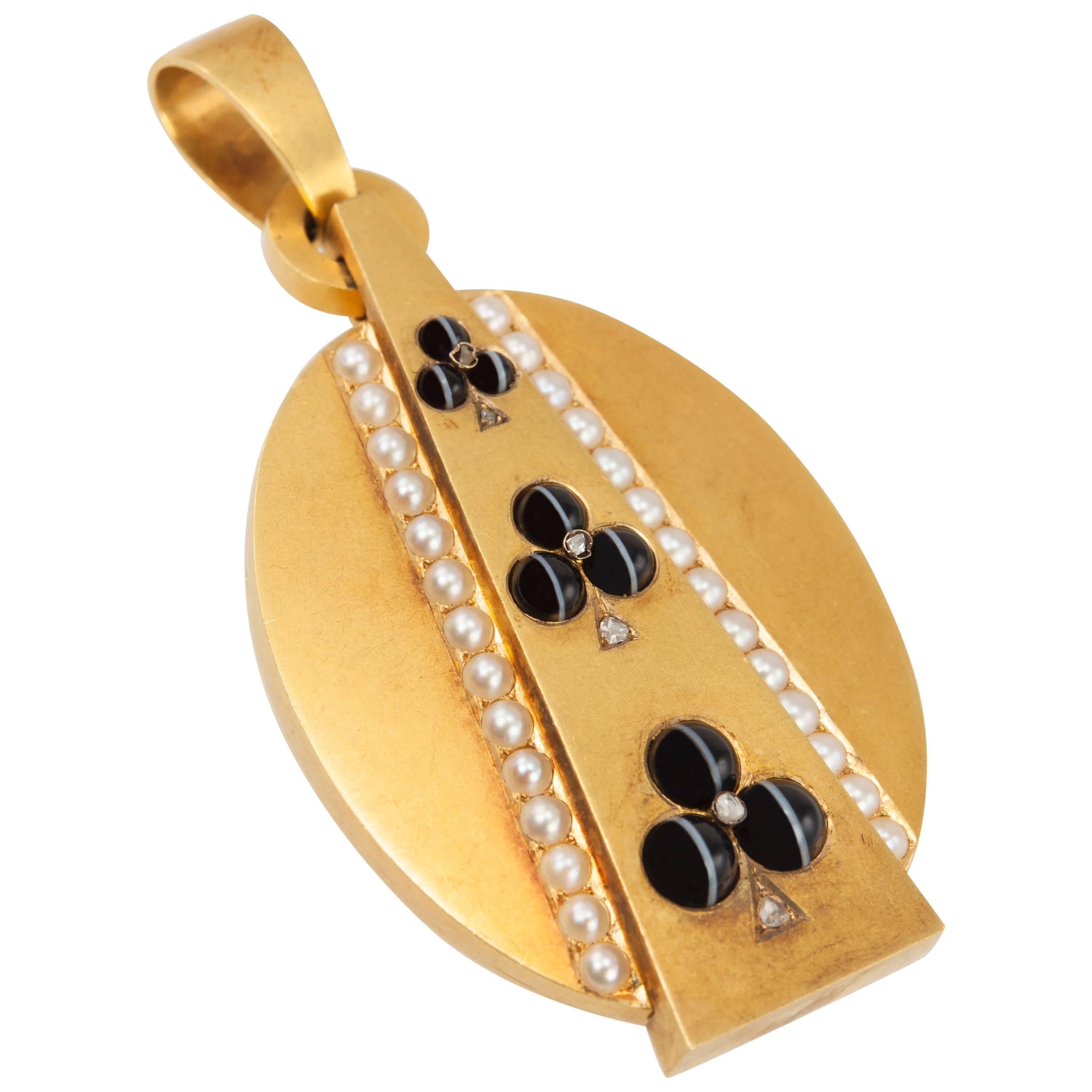 Victorian Agate Pearl Diamond Gold Locket  For Sale