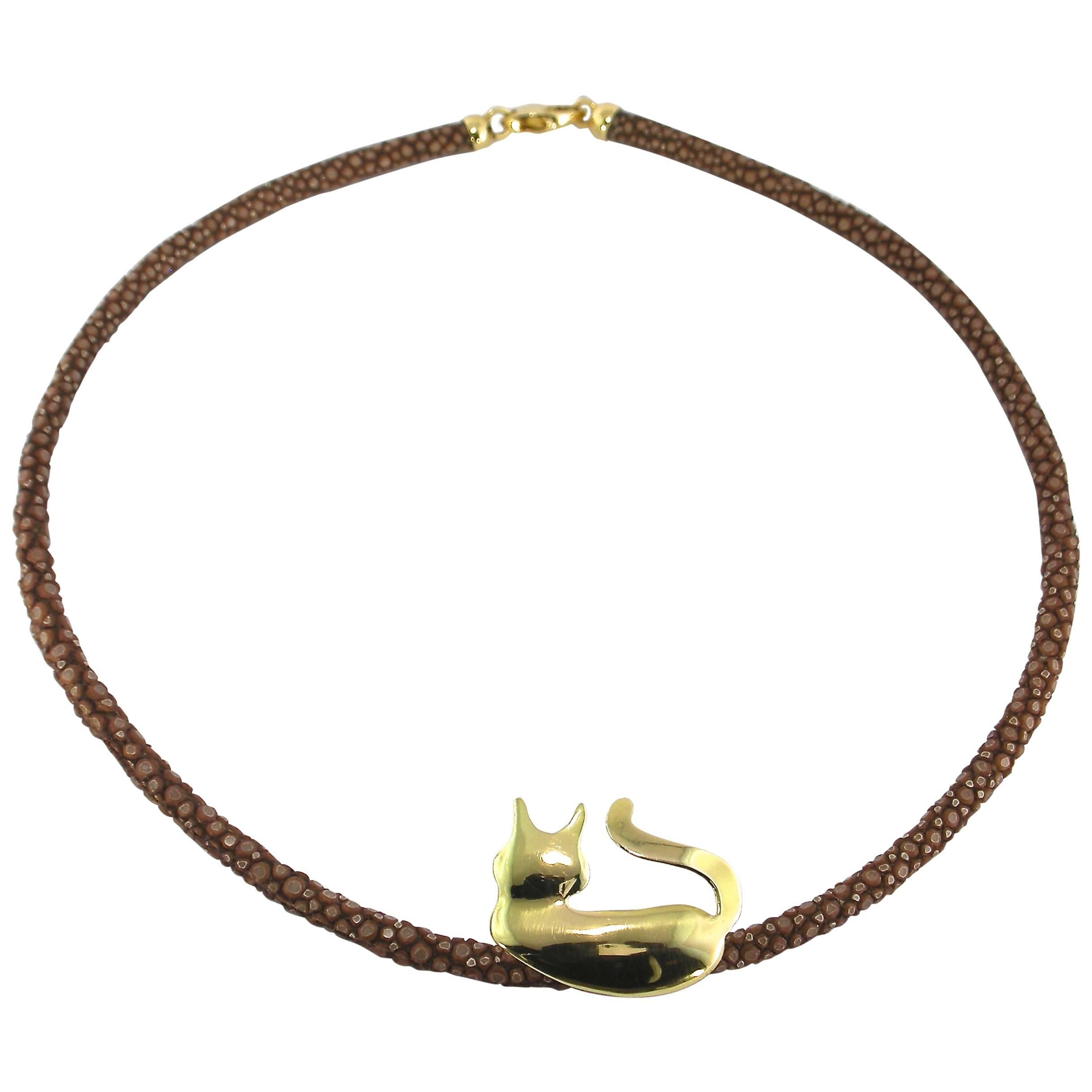 Jona 18 Karat Yellow Gold Cat Silhouette Pendant on a Galuchat Choker
