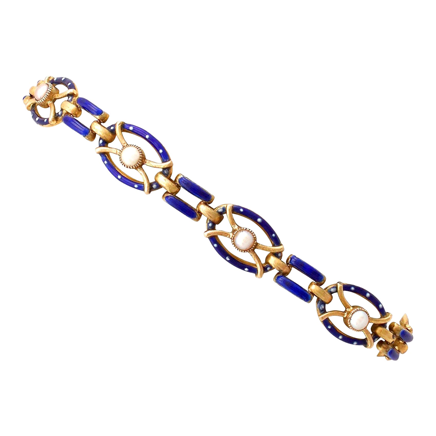 Bracelet ancien en or jaune et émail avec perles naturelles